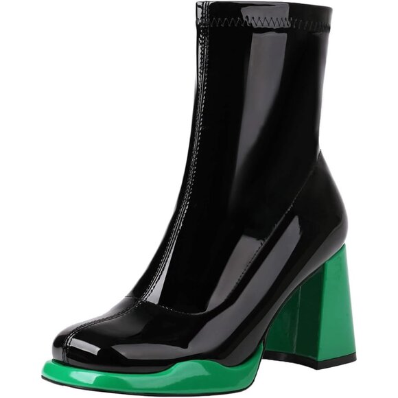 Shoes - Women's Green Chunky Heel Ankle Boots Square Toe Mid Calf Side Zippers Boots
